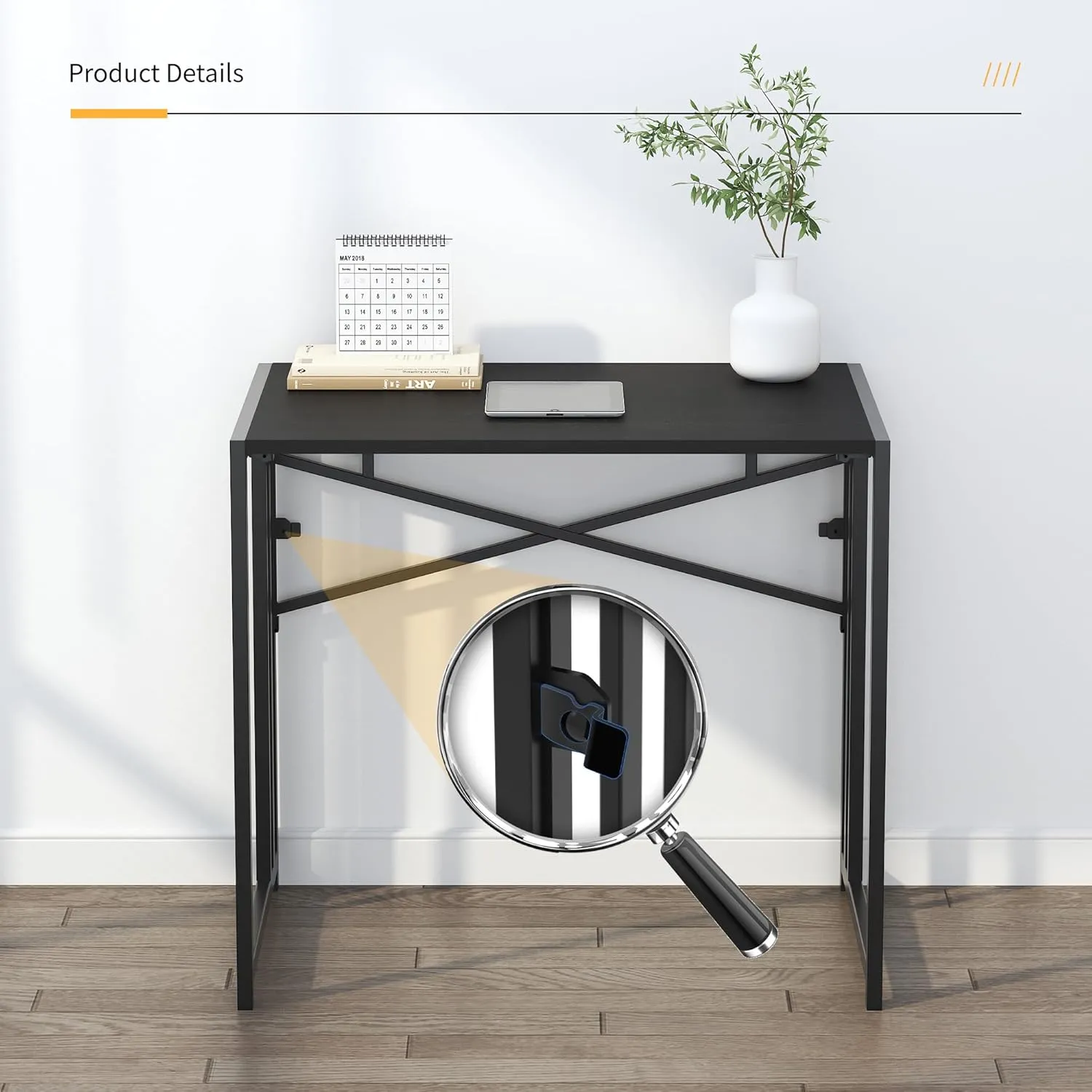 Small Folding Computer Desk 32 inch, Writing Gaming Computer Desk for Small Spaces, No Assembly Required Small Office Desk, Black, FDD31