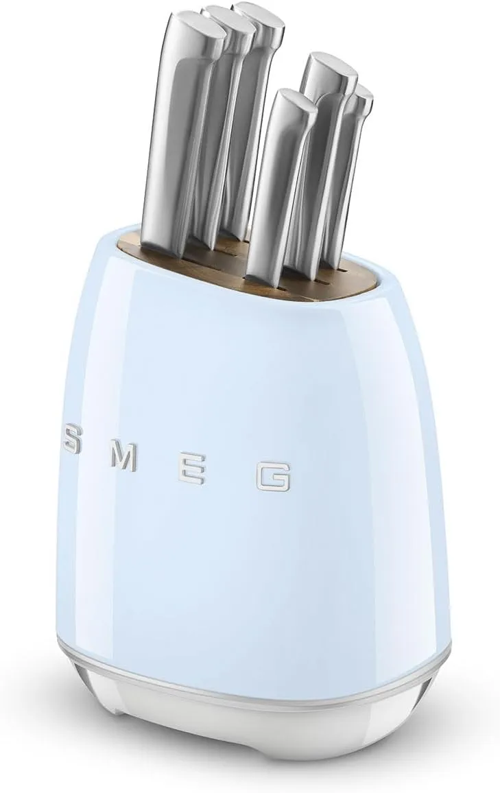 Smeg, KBSF02PB Knife Block, 6 Knives Included Stainless Steel, Stainless Steel Block Body and Acacia Wood Knife Slot, Azul Blue