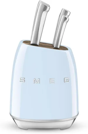 Smeg, KBSF02PB Knife Block, 6 Knives Included Stainless Steel, Stainless Steel Block Body and Acacia Wood Knife Slot, Azul Blue