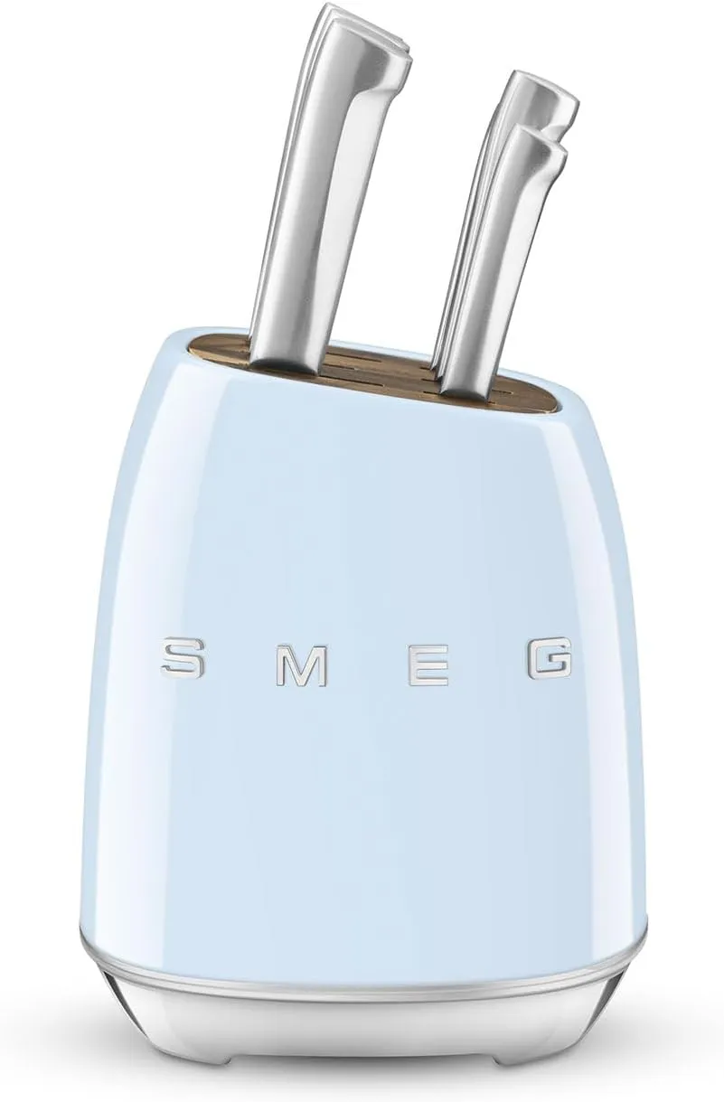 Smeg, KBSF02PB Knife Block, 6 Knives Included Stainless Steel, Stainless Steel Block Body and Acacia Wood Knife Slot, Azul Blue