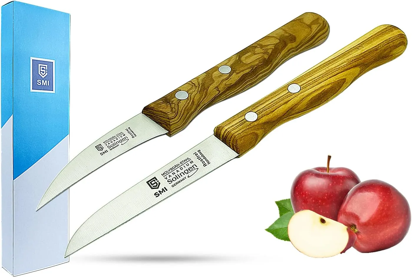 SMI Solingen Germany 2 Pcs Paring Knife Set - Bird Beak, Peeling, Straight & Curved Vegetable & Fruit Knife - Olive Wood Handle - Not Dishwasher Safe