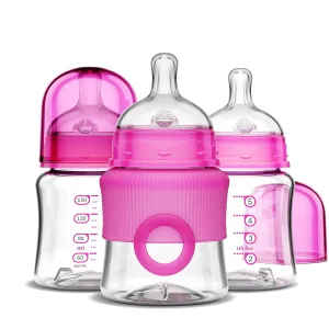 Smilo Baby Bottle Set with Stage 0 Slow Flow Anti Colic Nipple, 5 Oz / 150 ml Capacity, 3X Pack of Anti Colic Baby Bottles 0-3 Months - Pink