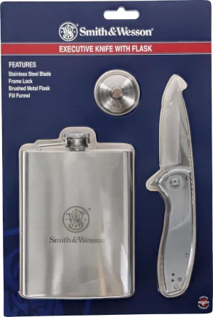 Smith & Wesson Executive Knife and 8oz. Brushed Metal Flask with Fill Funnel Gift Set