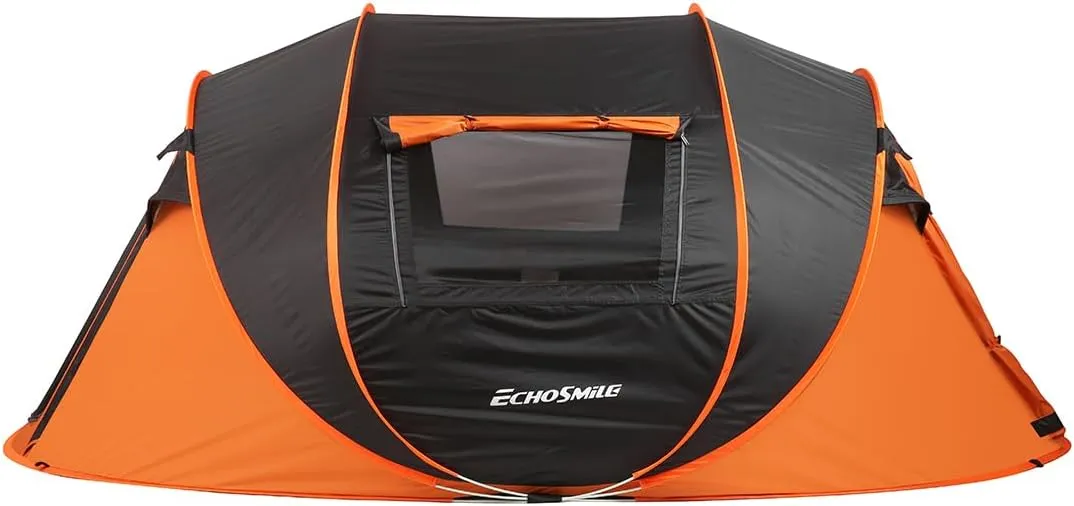 Spacious 5-8 Person Black and Orange Pop-Up Camping Tent, Quick Setup, Water Resistant, Family Friendly