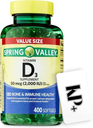 Spring Valley Vitamin D3, 50mcg 2000IU, Dietary Supplement, 400 softgels   (KPplus Sticker)