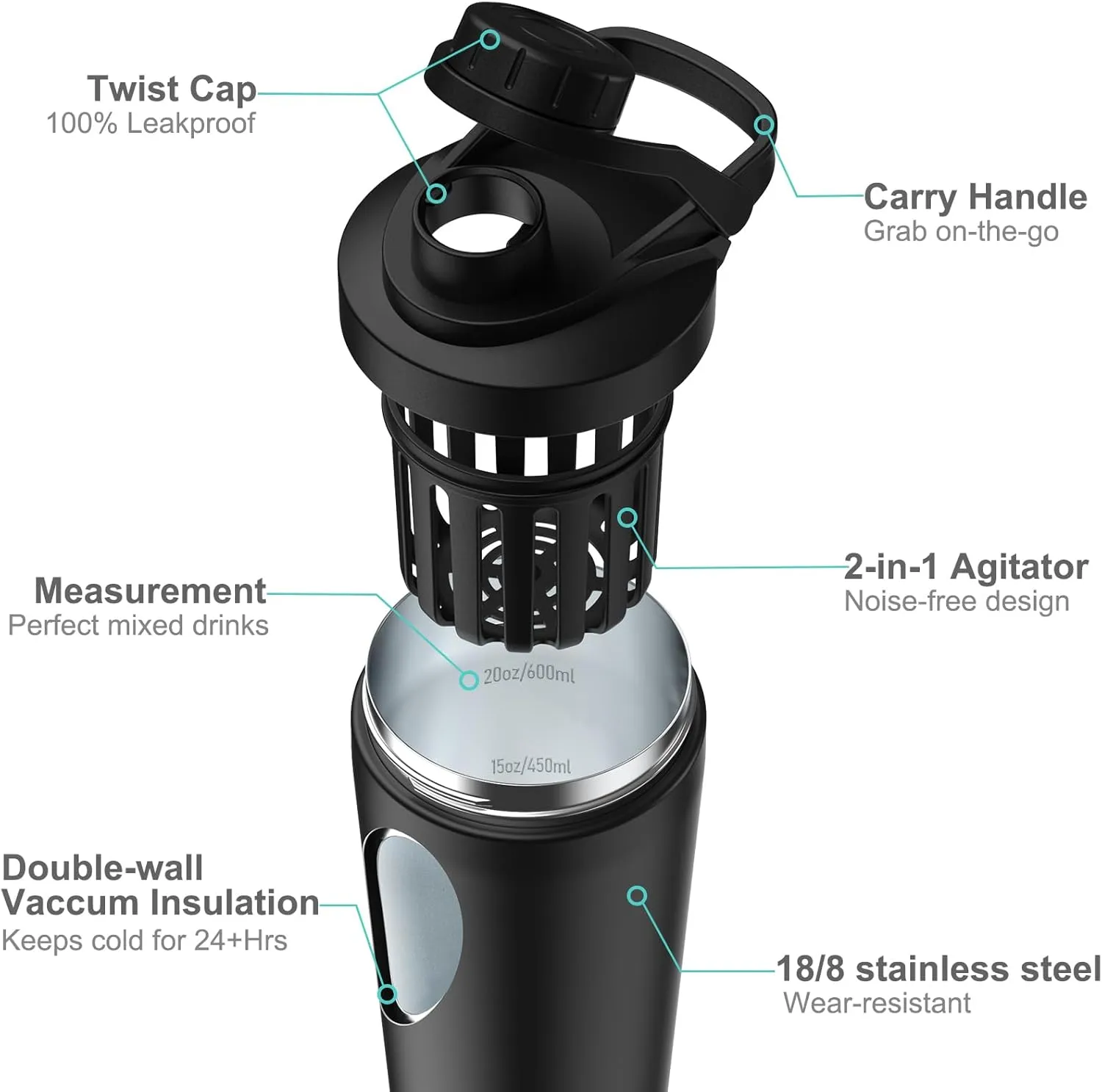 Stainless Steel Shaker Bottle with Noise-Free Design - Patented 24 oz Insulated Metal Shakers Bottles Cup for Protein Mixes and Pre Workout 100% Leak Proof (Black)