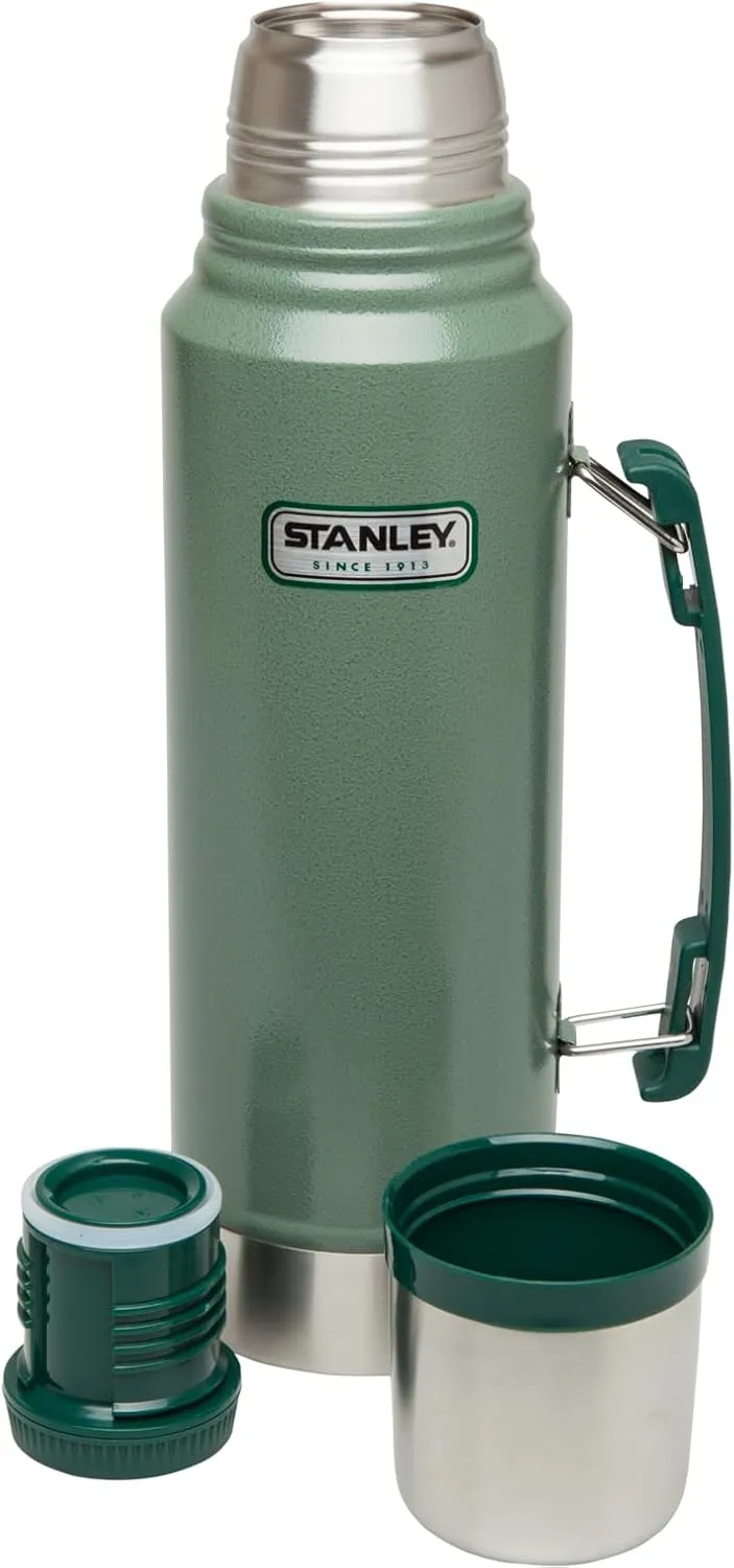 Stanley Heritage Classic Vacuum Bottle with Handle 1.1 qt | Wide Mouth with Leakproof Cup Lid | Keep Drinks Hot or Cold for Travel | Insulated Stainless Steel Thermos | BPA-Free | Hammertone Green