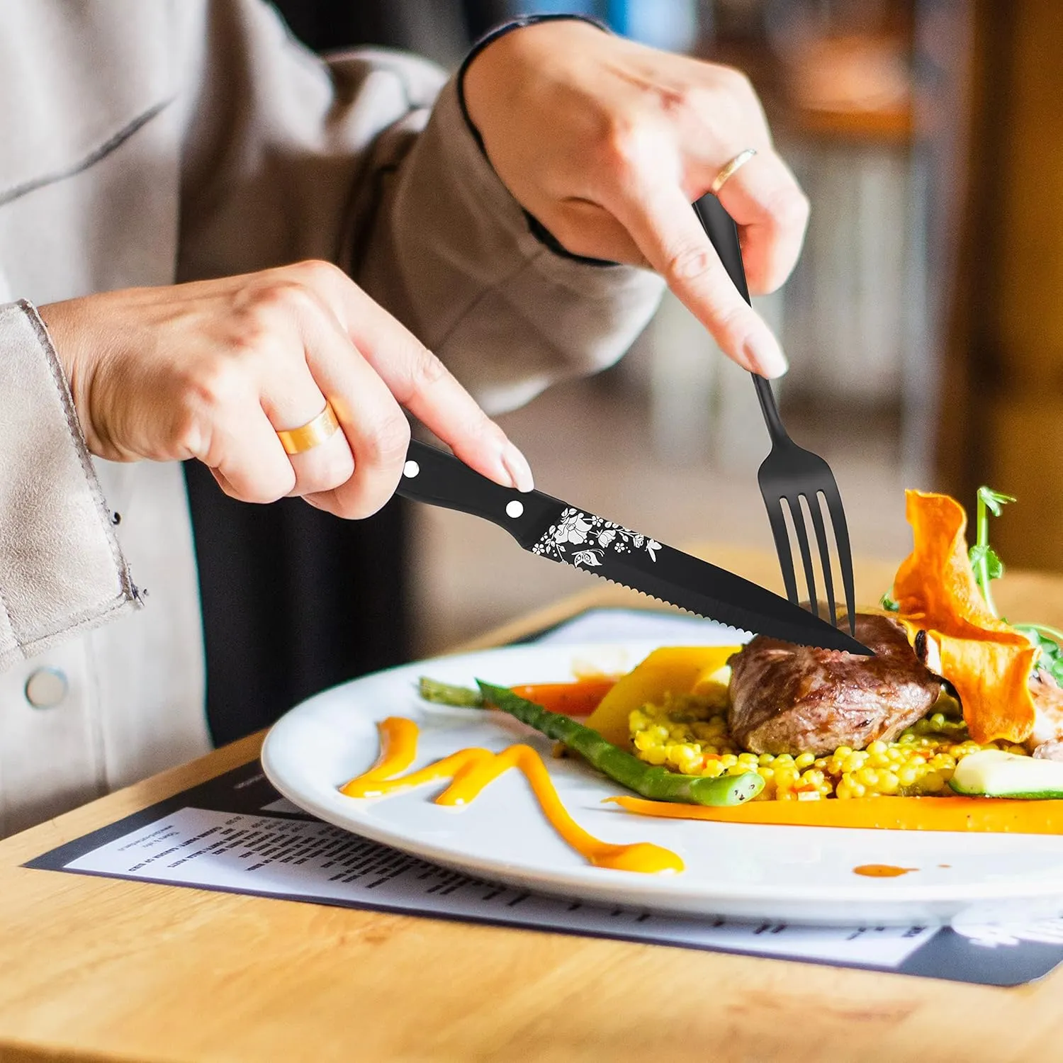 Stapava 36-Piece Black Silverware Set with Steak Knives, Stainless Steel Flatware Cutlery, Unique Black Utensils, Mirror Polished, Dishwasher Safe