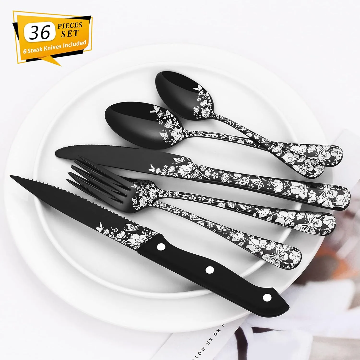 Stapava 36-Piece Black Silverware Set with Steak Knives, Stainless Steel Flatware Cutlery, Unique Black Utensils, Mirror Polished, Dishwasher Safe