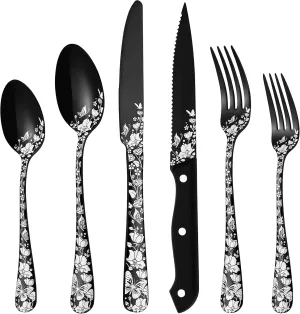 Stapava 36-Piece Black Silverware Set with Steak Knives, Stainless Steel Flatware Cutlery, Unique Black Utensils, Mirror Polished, Dishwasher Safe