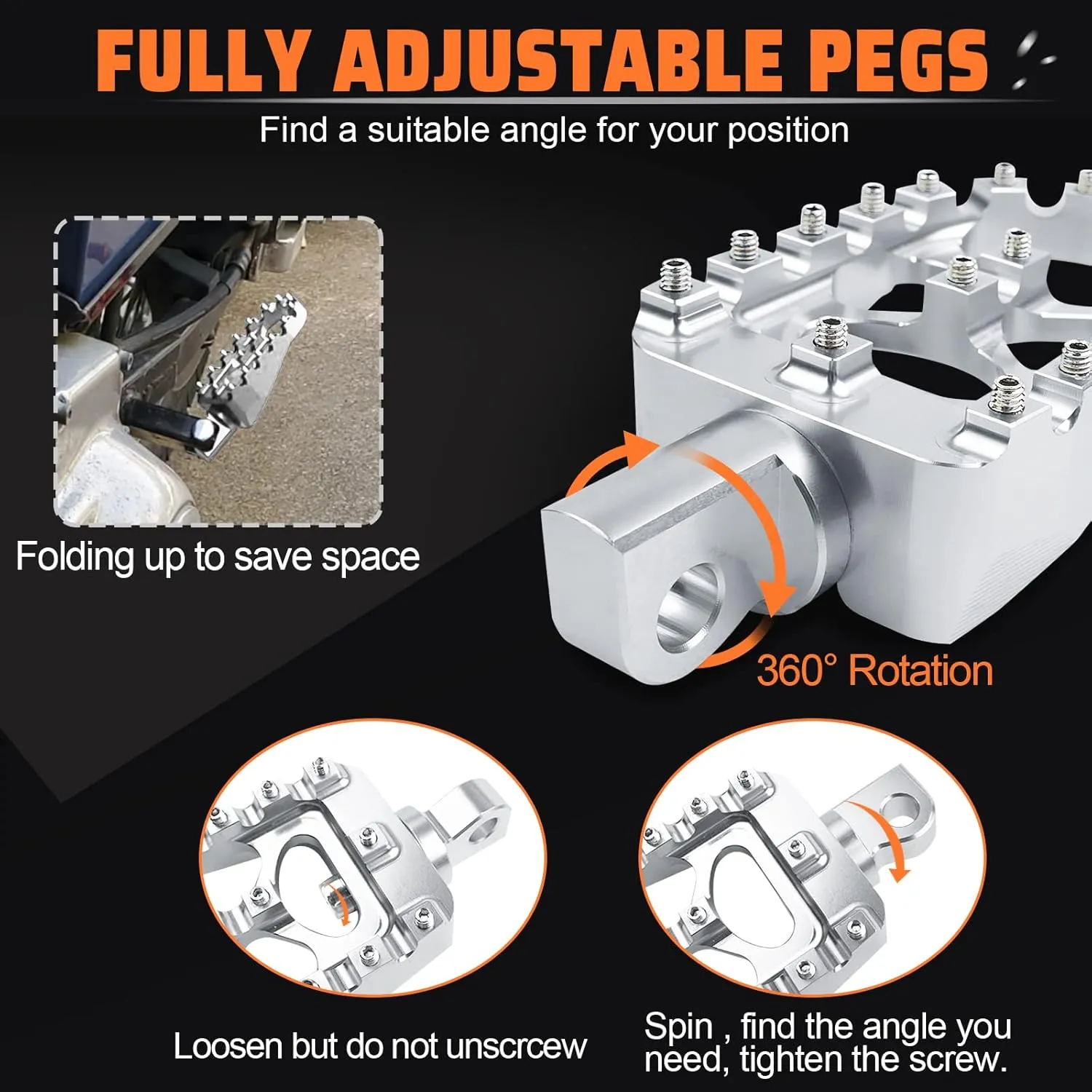 StarknightMT CNC Wide Fat Footpegs 360° Roating MX Foot Pegs Chopper Bobber Style Compatible with Harley Dyna Fatboy Sportster Iron 883 (Silver)