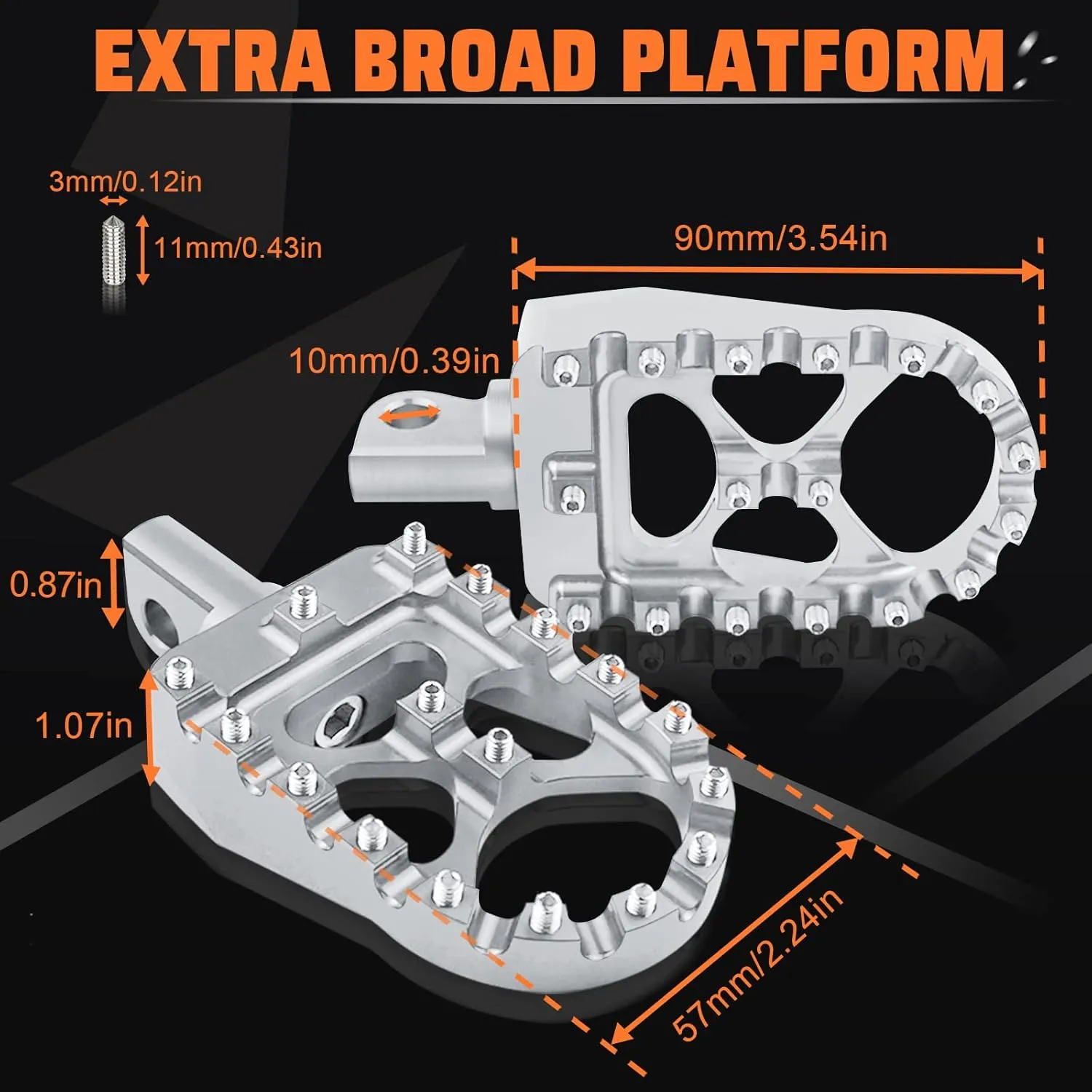 StarknightMT CNC Wide Fat Footpegs 360° Roating MX Foot Pegs Chopper Bobber Style Compatible with Harley Dyna Fatboy Sportster Iron 883 (Silver)
