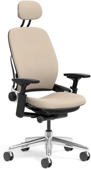 Steelcase Leap Task Chair: Polished Aluminum Base - 4D Adjustable Arms - Headrest - Standard Carpet Casters