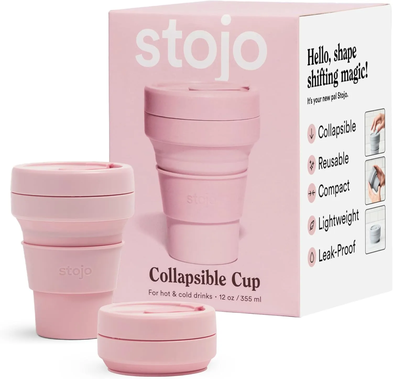 STOJO Collapsible Travel Cup - Reusable To-Go Pocket Size Silicone Bottle for Hot and Cold Drinks - Perfect for Camping - Microwave & Dishwasher Safe (Carnation, 12 Ounce (Pack of 1) - No Straw)