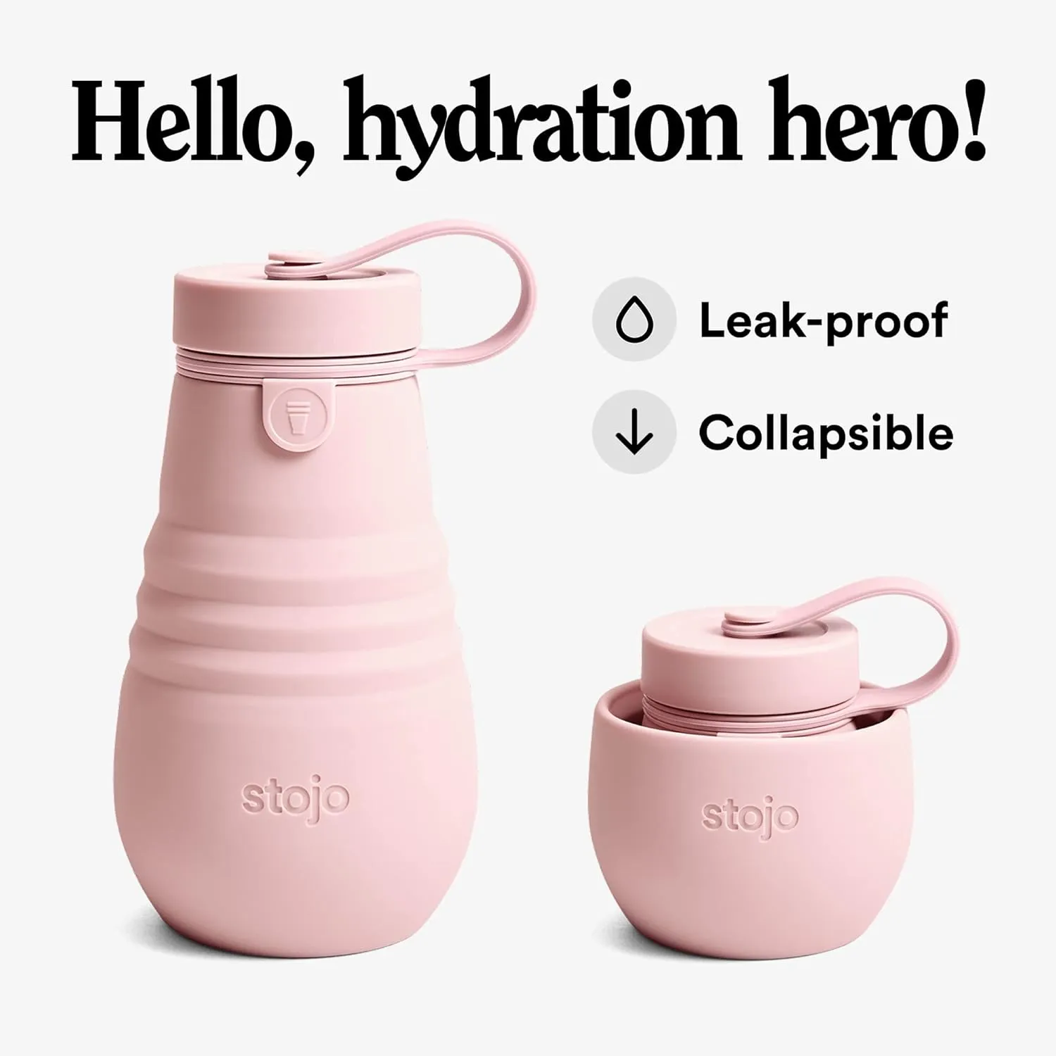 Stojo Jr Collapsible Bottle for Kids - Carnation Pink, 14oz / 400ml - Leak-Proof Reusable Silicone Travel Cup for Hot & Cold Drinks - For Home, On-The-Go Camping & Hiking - Microwave & Dishwasher Safe