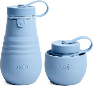 STOJO Jr Collapsible Bottle for Kids - Steel Blue, 14oz / 400ml - Leak-Proof Reusable Silicone Travel Cup for Hot & Cold Drinks -On-The-Go Camping & Hiking - Microwave & Dishwasher Safe