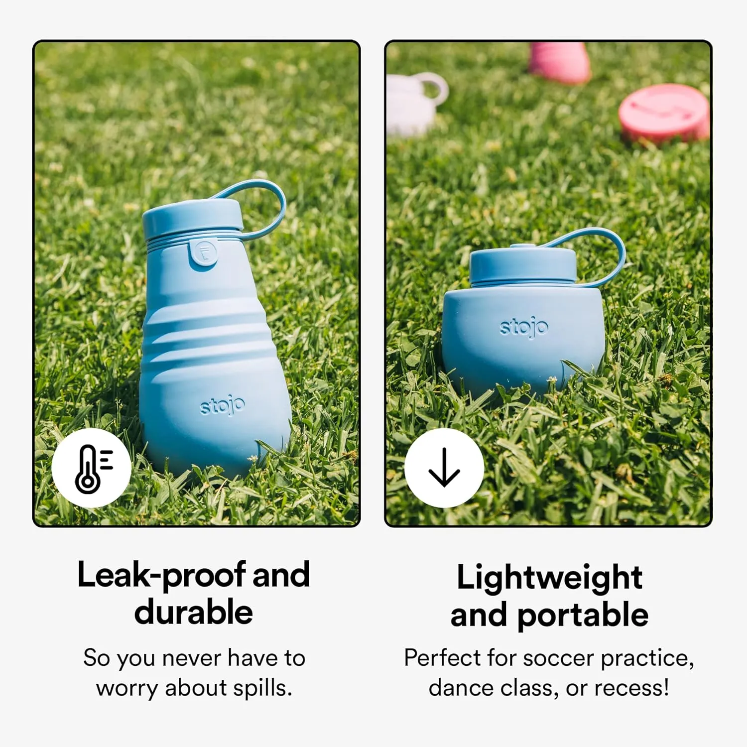 STOJO Jr Collapsible Bottle for Kids - Steel Blue, 14oz / 400ml - Leak-Proof Reusable Silicone Travel Cup for Hot & Cold Drinks -On-The-Go Camping & Hiking - Microwave & Dishwasher Safe