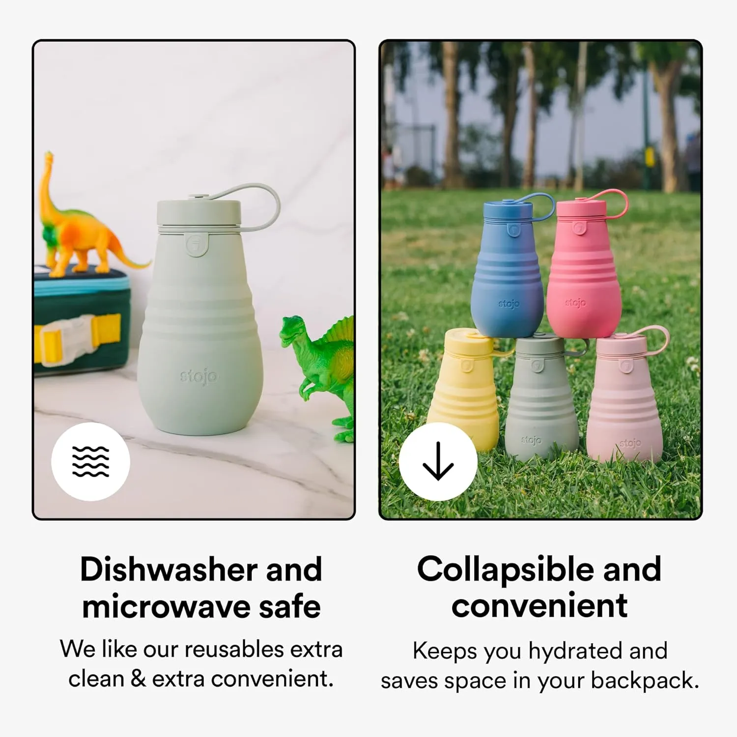 STOJO Jr Collapsible Bottle for Kids - Steel Blue, 14oz / 400ml - Leak-Proof Reusable Silicone Travel Cup for Hot & Cold Drinks -On-The-Go Camping & Hiking - Microwave & Dishwasher Safe