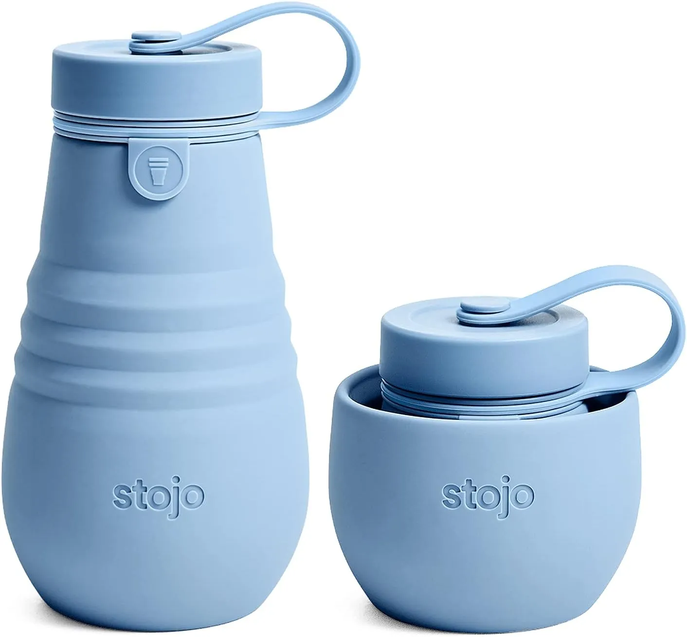 STOJO Jr Collapsible Bottle for Kids - Steel Blue, 14oz / 400ml - Leak-Proof Reusable Silicone Travel Cup for Hot & Cold Drinks -On-The-Go Camping & Hiking - Microwave & Dishwasher Safe