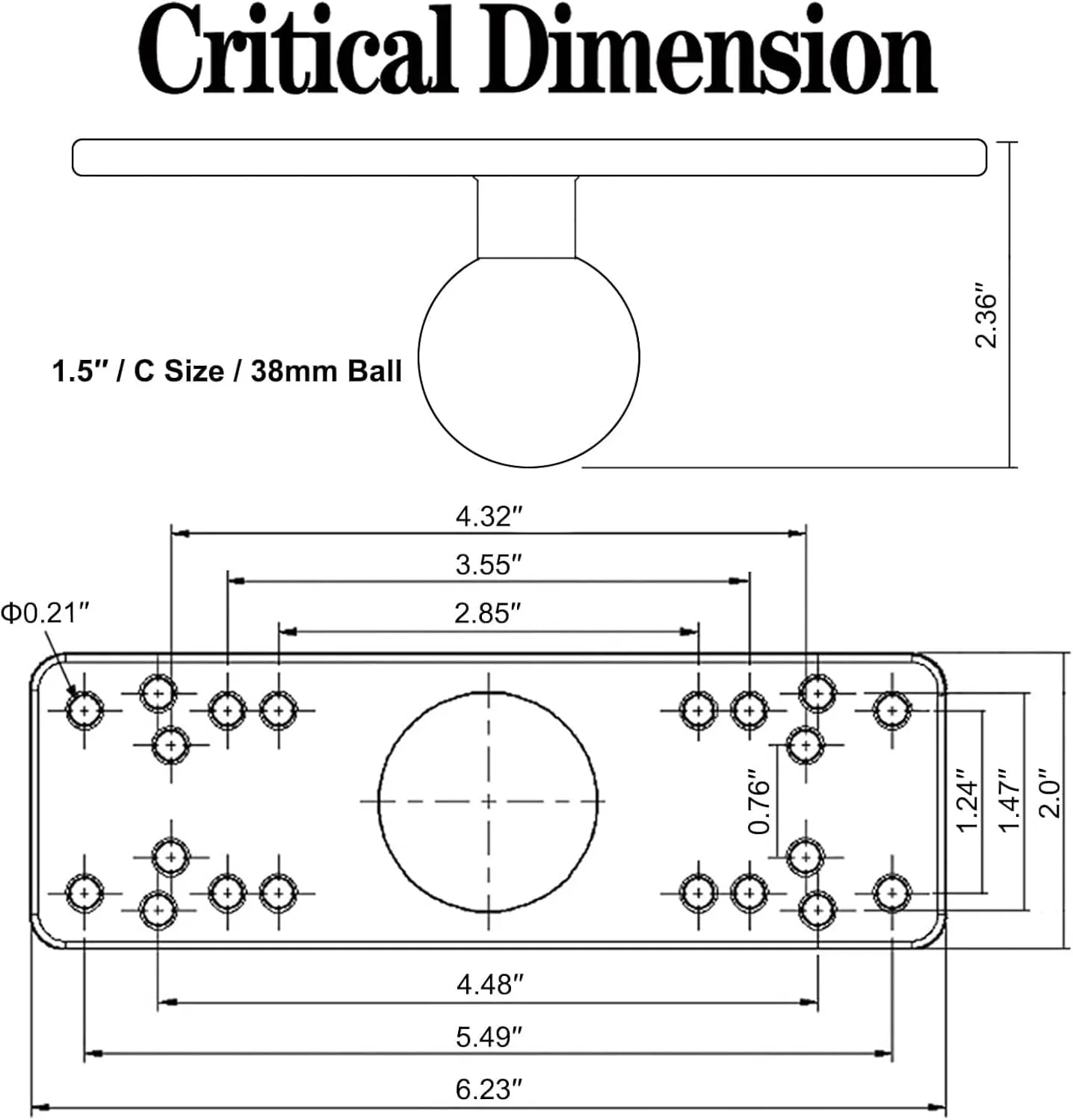 Strg 1.5" Ball Mount with Aluminum Alloy Rectangle Plate, Universal Electronic Device Mounting Ball Base with AMPS Holes Compatible with RAM and All 1.5 Inch/ C Size/ 38MM Ball Double Socket Arms