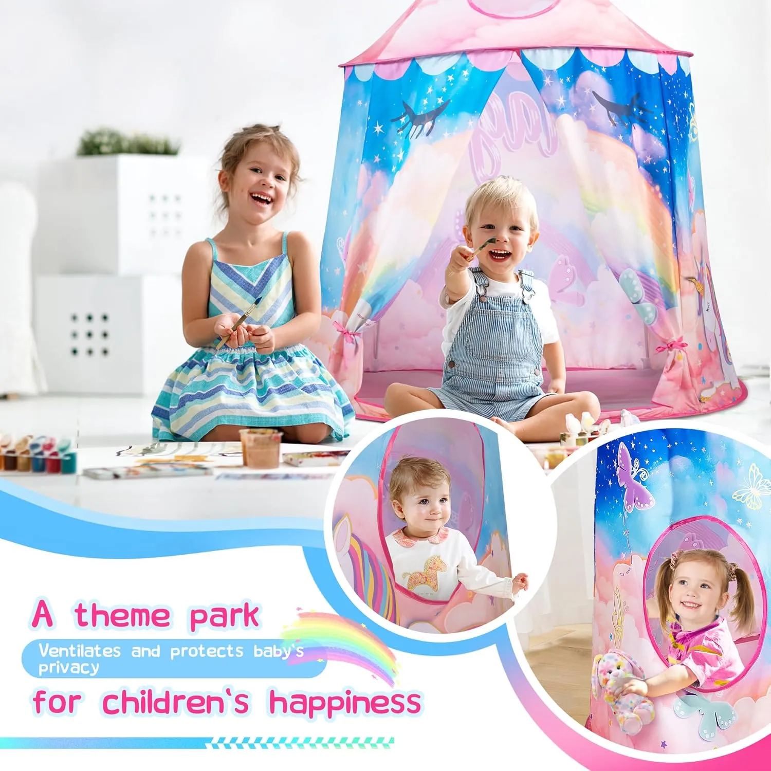 SULIFEEL Kids Play Pop Up Tent with Mat for Toddler Girls and Boys Ages 1   Years Party Children Foldable Tent Birthday Toy for Baby Rainbow Unicorn Theme Playhouse Indoor Games