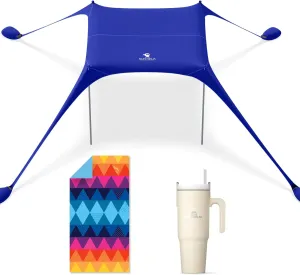 SUN NINJA Beach Shelter Bundle with Beach Towel and Insulated Tumbler, UPF 50  Sun Protection, Sand-Free Quick-Dry Microfiber Towel, Keeps Drinks Cold 12 Hours, Portable Easy Set Up