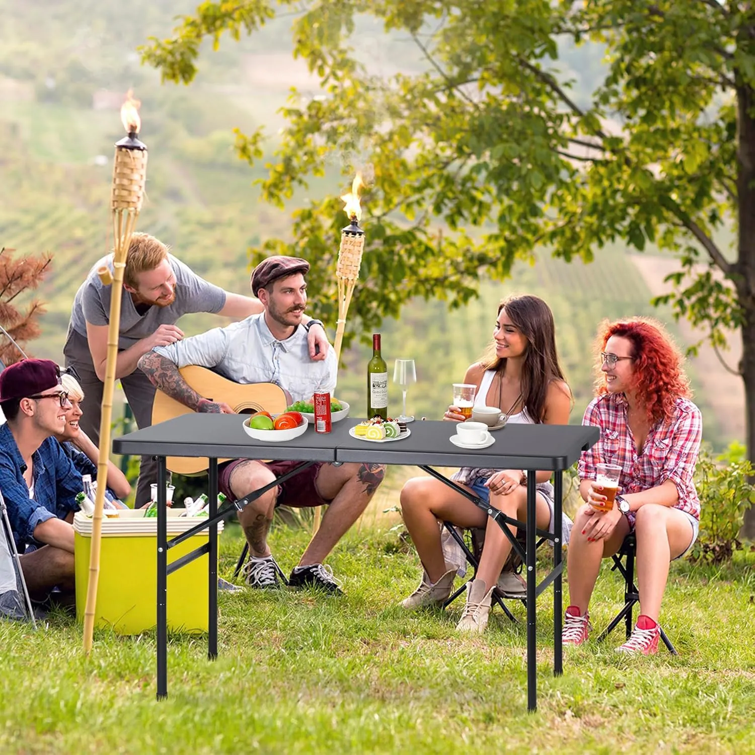SUPER DEAL Portable 4 Foot Plastic Folding Table, Indoor Outdoor Heavy Duty Fold-in-Half Picnic Party Camping Barbecues Table with Carrying Handle, Black
