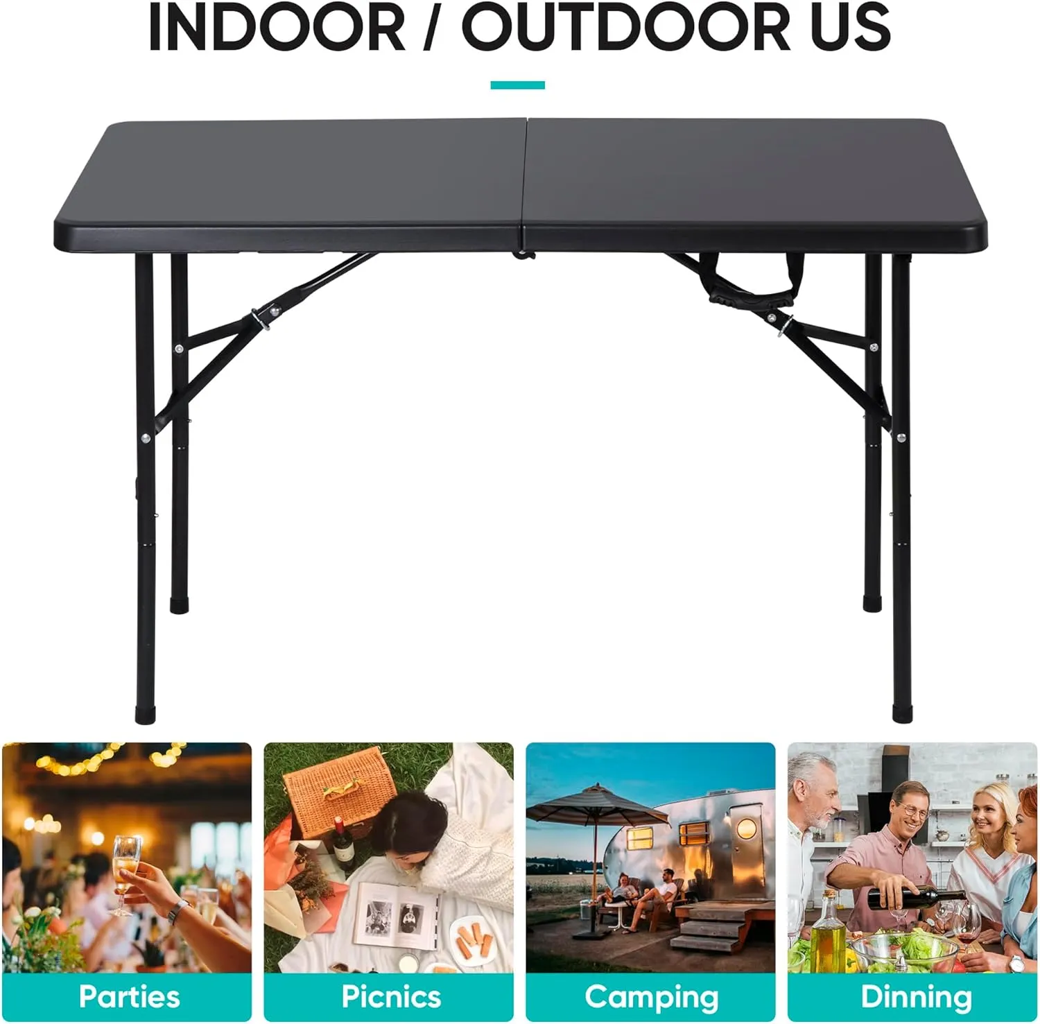 SUPER DEAL Portable 4 Foot Plastic Folding Table, Indoor Outdoor Heavy Duty Fold-in-Half Picnic Party Camping Barbecues Table with Carrying Handle, Black