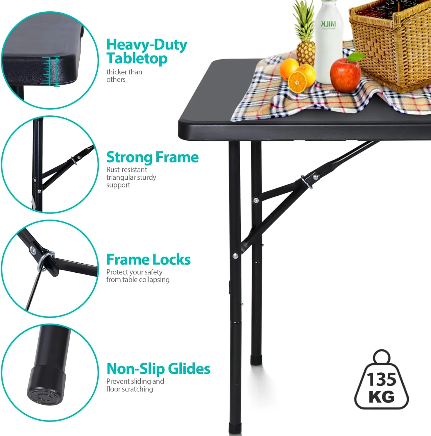 SUPER DEAL Portable 4 Foot Plastic Folding Table, Indoor Outdoor Heavy Duty Fold-in-Half Picnic Party Camping Barbecues Table with Carrying Handle, Black