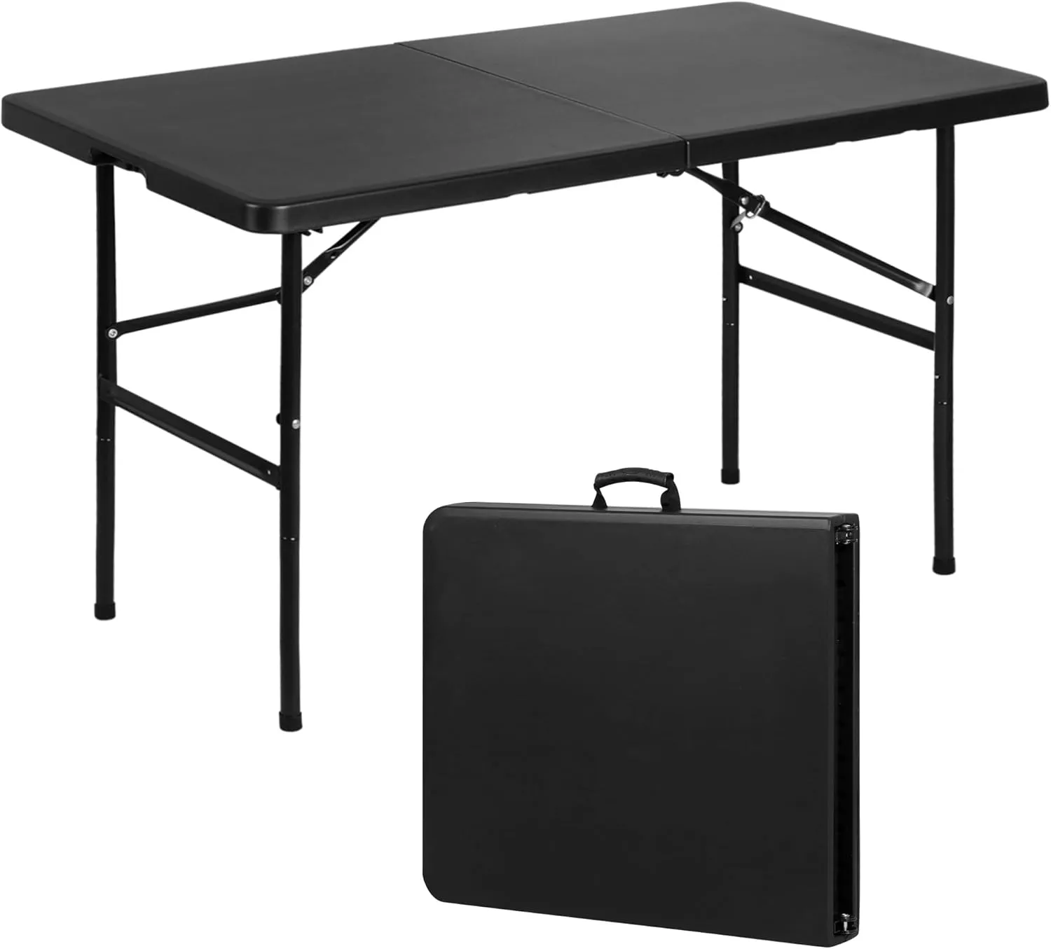 SUPER DEAL Portable 4 Foot Plastic Folding Table, Indoor Outdoor Heavy Duty Fold-in-Half Picnic Party Camping Barbecues Table with Carrying Handle, Black