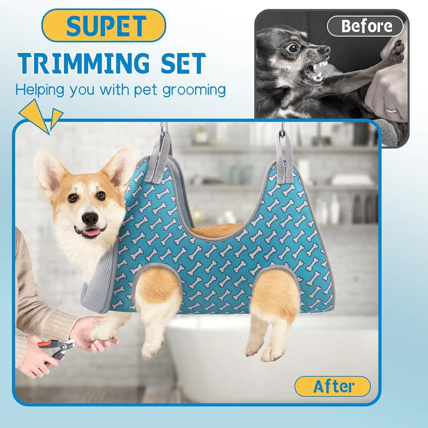 Supet Medium Dog Grooming Hammock Harness for Cats Dogs, Relaxation Pet Grooming Hammock Restraint Dog & Small Animal Leashes Sling(M（ Legs Spacing：9"-12.5" / Max W：50LBS ）