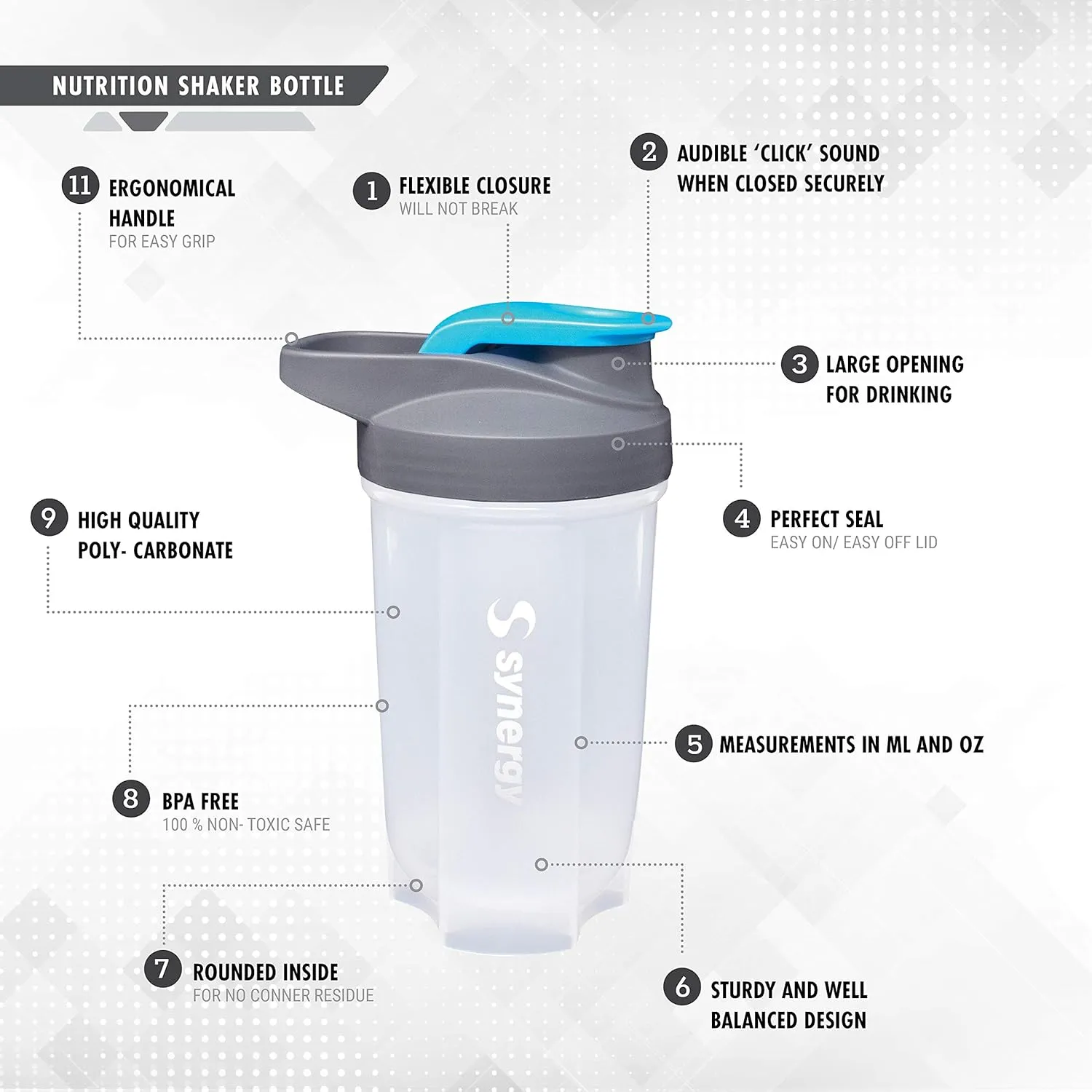 Synergy Protein Nutrition Shaker Bottle 3-Pack (18/24/24oz, Blue/Green/Pink)