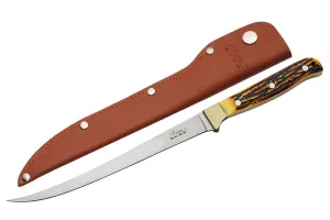 SZCO Supplies 12” Faux Stag Handle Full Tang Outdoor Fishing Fillet Knife With Leather Sheath, Brown/White,211560