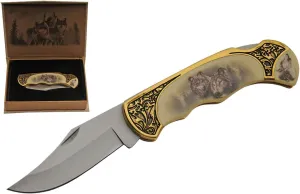 SZCO Supplies Wolf Gift Box Folding Knife, Yellow