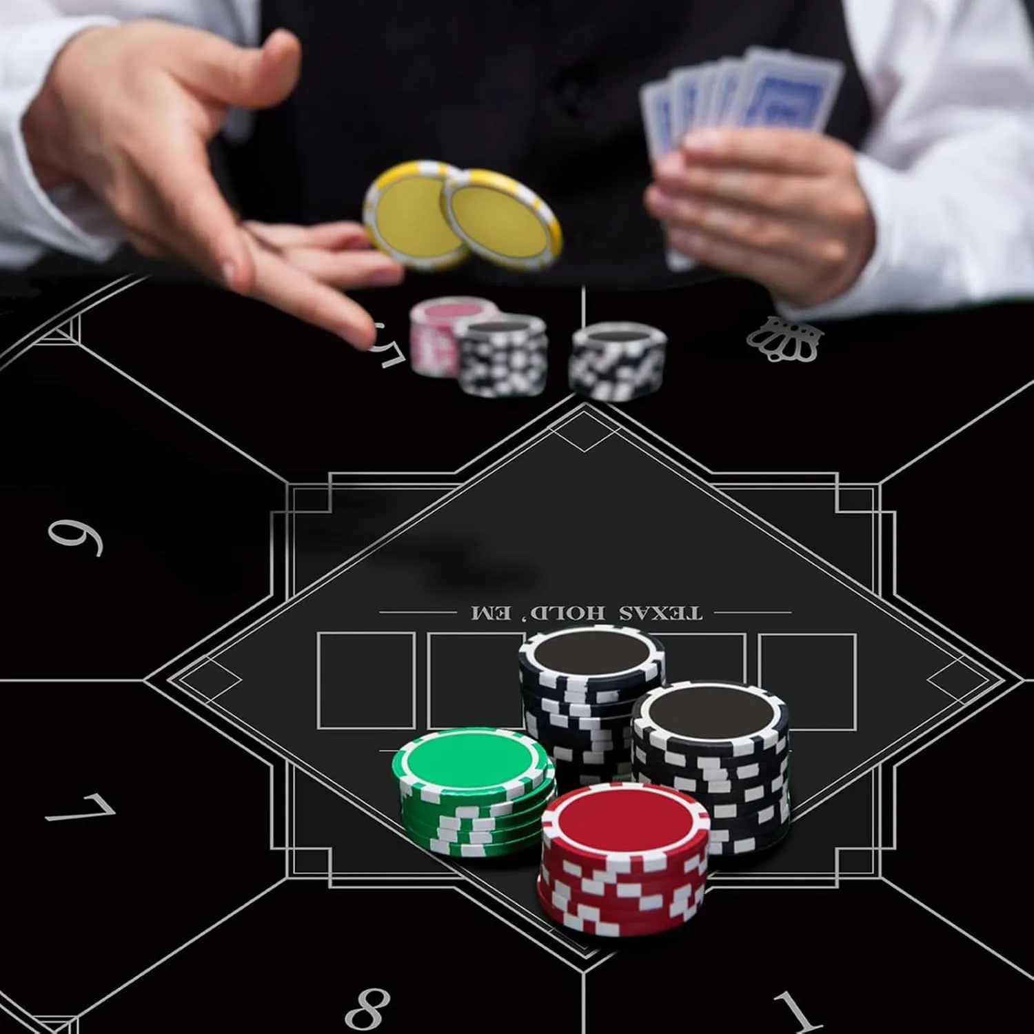 Tabletop Game Felt Mat Round Poker Texas Holdem, 8 Players Folding Poker Table Top with Art Deco Layout Print Black,S