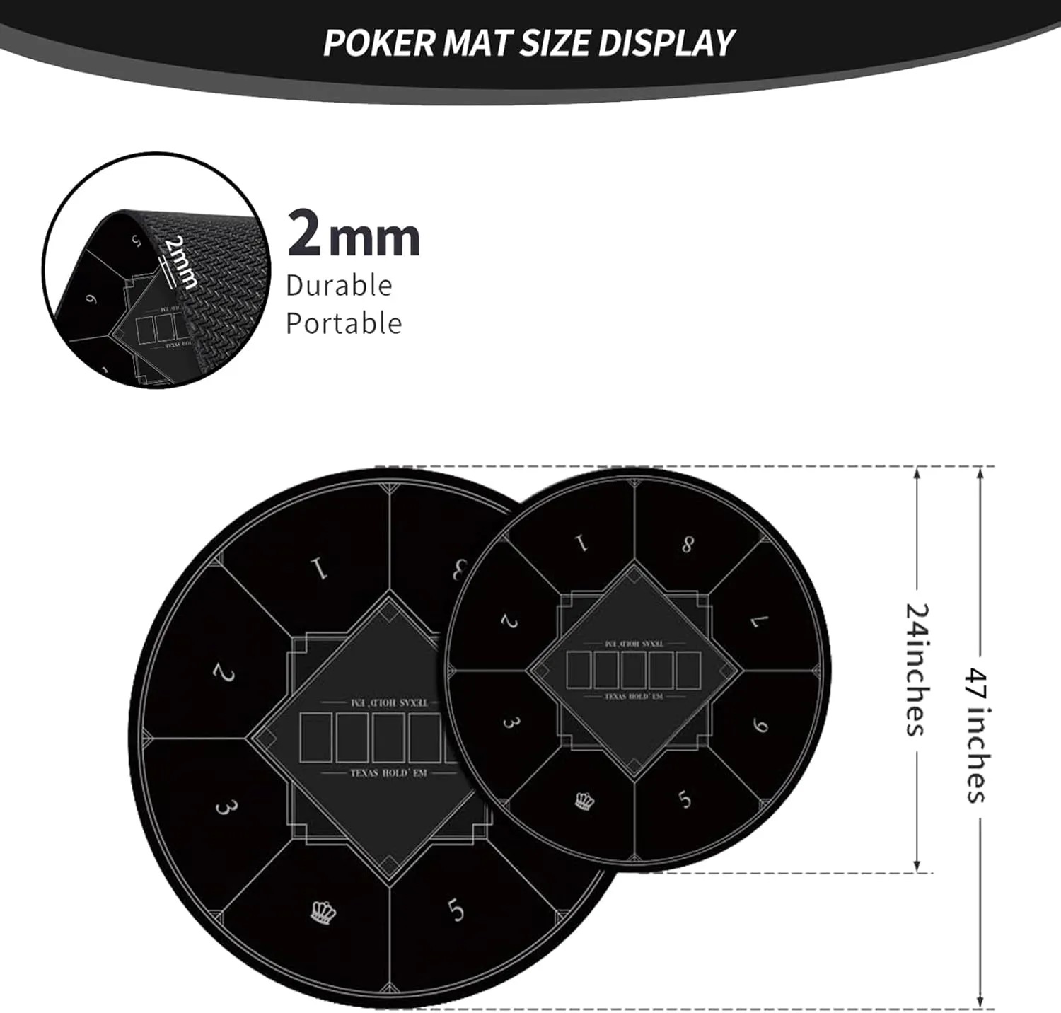 Tabletop Game Felt Mat Round Poker Texas Holdem, 8 Players Folding Poker Table Top with Art Deco Layout Print Black,S
