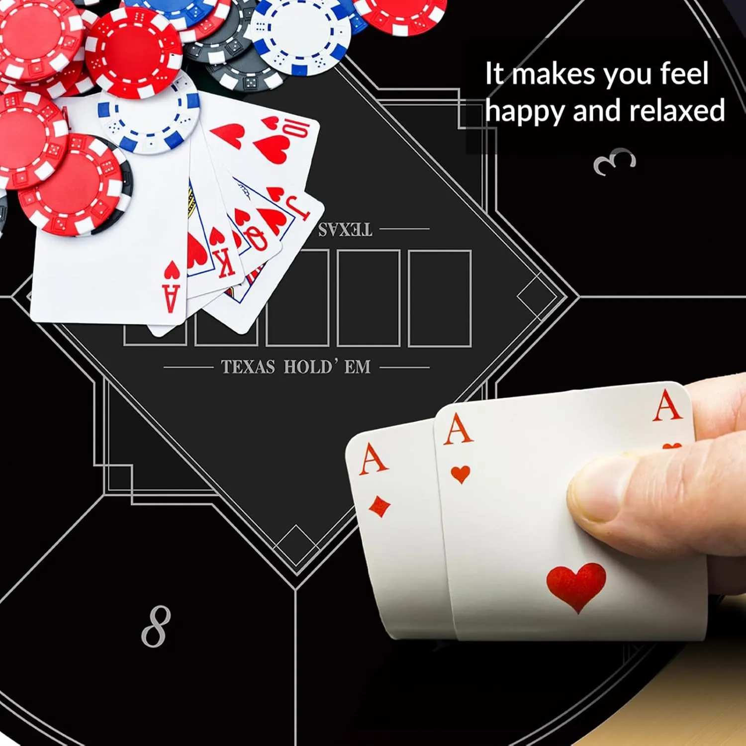 Tabletop Game Felt Mat Round Poker Texas Holdem, 8 Players Folding Poker Table Top with Art Deco Layout Print Black,S