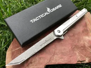 TACTICAL GEARZ Damascus Pocket Knife for EDC, Stainless Steel Handle, 67 Multi Layered Damascus Steel Tanto Blade, (Kraz XT)