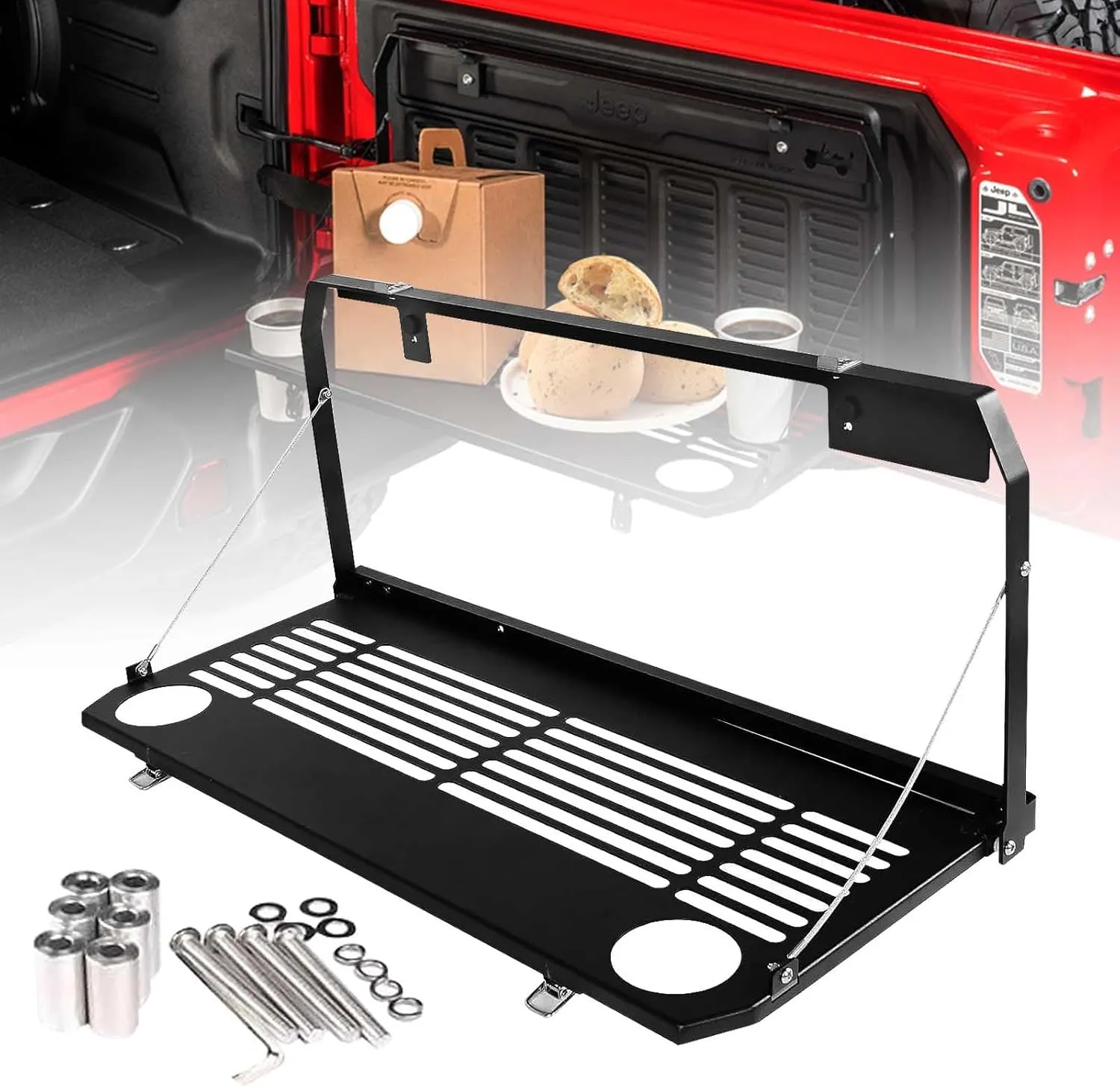 Tailgate Table Foldable Cargo Shelf Compatible with Jeep Wrangler JL & JLU 2018-2024, Outdoor Camping Cargo Desk Camping Tables, Heavy-Duty Steel