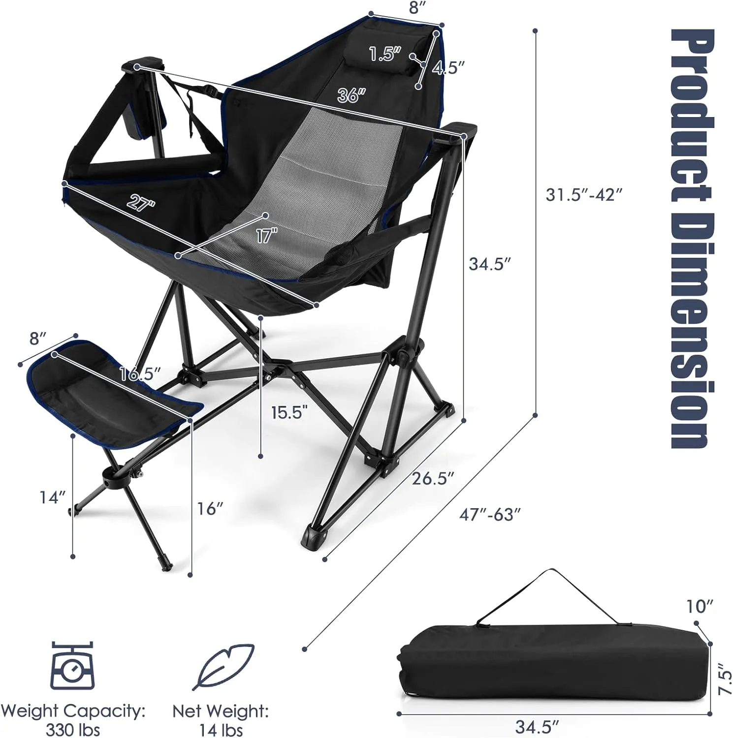 Tangkula Set of 2 Hammock Camping Chair, Portable Camp Chair with Retractable Footrest, Adjustable Back, Headrest, Cup Holder & Carry Bag, Outdoor Folding Lawn Chair for Camping, Fishing, Hiking