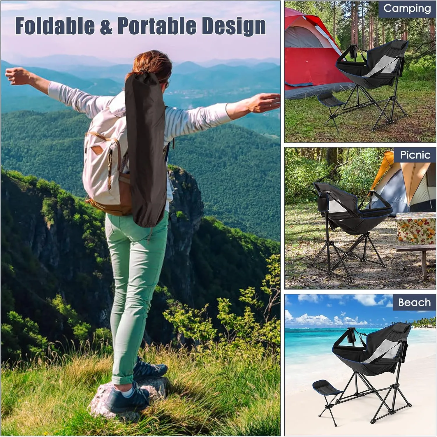 Tangkula Set of 2 Hammock Camping Chair, Portable Camp Chair with Retractable Footrest, Adjustable Back, Headrest, Cup Holder & Carry Bag, Outdoor Folding Lawn Chair for Camping, Fishing, Hiking