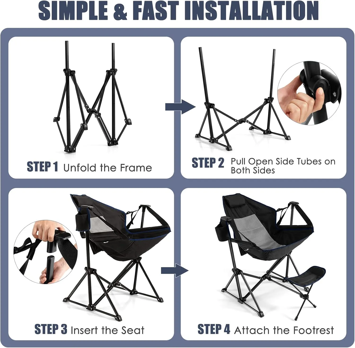 Tangkula Set of 2 Hammock Camping Chair, Portable Camp Chair with Retractable Footrest, Adjustable Back, Headrest, Cup Holder & Carry Bag, Outdoor Folding Lawn Chair for Camping, Fishing, Hiking