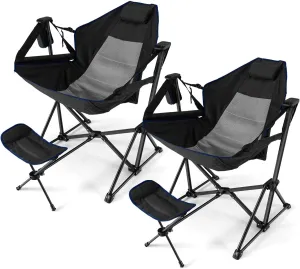 Tangkula Set of 2 Hammock Camping Chair, Portable Camp Chair with Retractable Footrest, Adjustable Back, Headrest, Cup Holder & Carry Bag, Outdoor Folding Lawn Chair for Camping, Fishing, Hiking