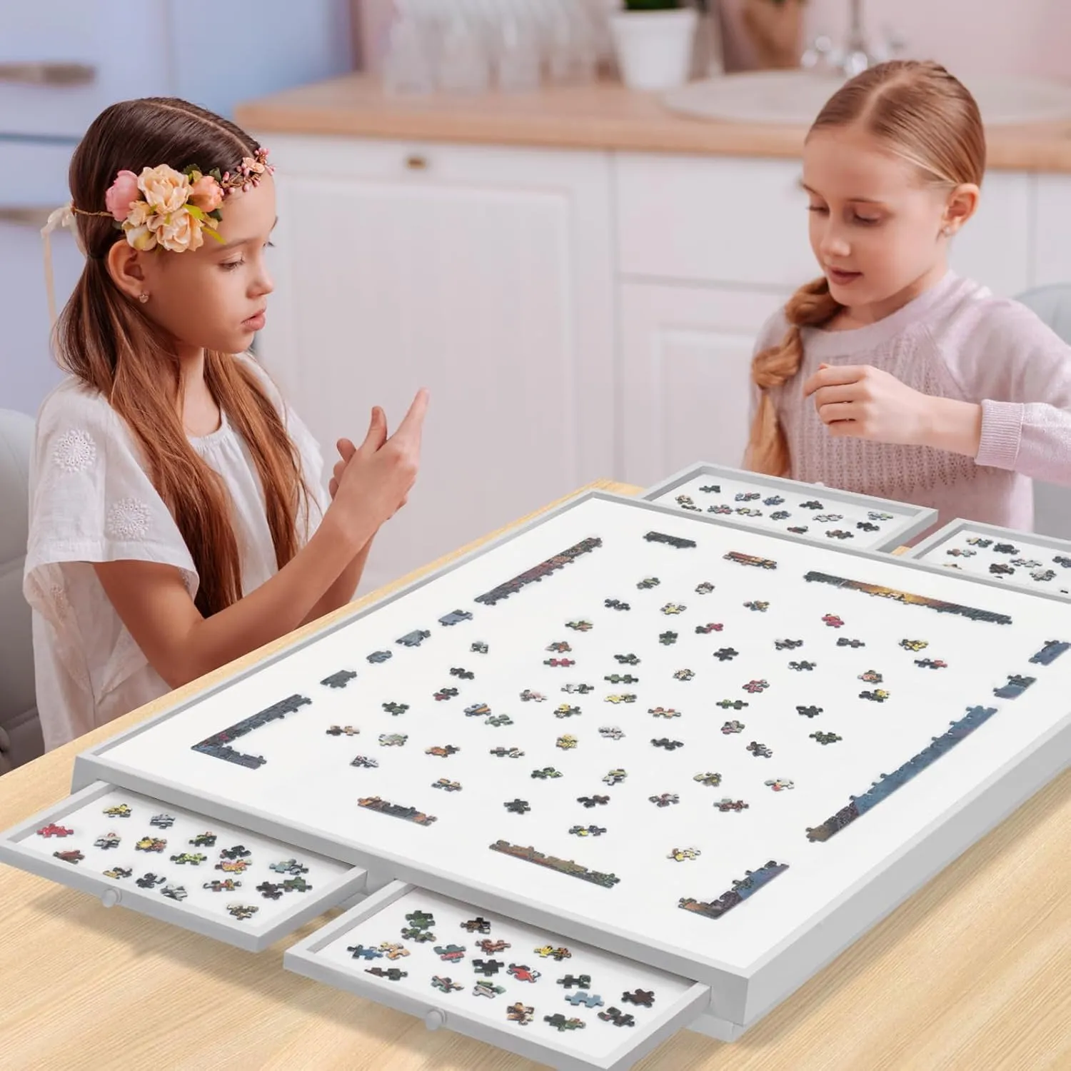 TEAKMAMA 1500 Piece Wooden Jigsaw Puzzle Board with 4 Drawers, Folding Puzzle Table with Protective Cover, Jigsaw Board with Legs, Multifunctional Game Table for Adults, 34W x 26.3D, White