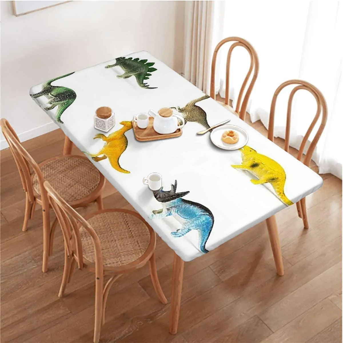 Teal White Fitted Tablecloth Colorful Various Different Animals Tablecloth Great for Indoor and Outdoor Dining and Playing Cards Dinosaur Fits up 5 Foot Tables