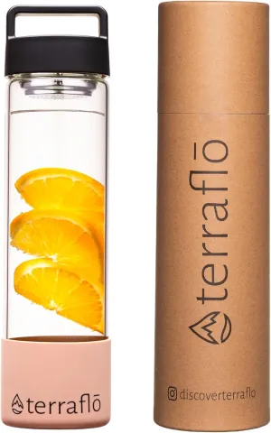Terraflo Fruit Infuser Premium Glass Water Bottle 24 oz (700 mL) - Removable Anti-Slip Silicone Sleeve - Top Handle Lid - Stainless Steel Filter for Infusion - Infused Bottles for All (Black & Tan)