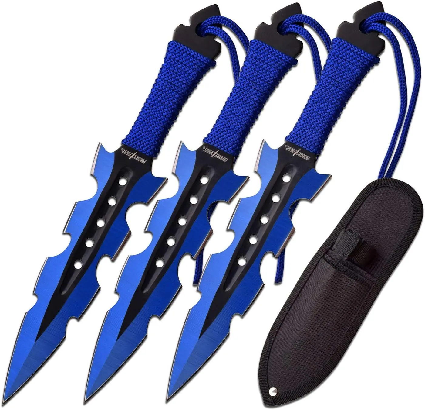 Throwing Knife Set – Set of 3 Throwers, Black and Blue Electroplated Stainless Steel Blades w/Blue Cord Wrapped Handles, Nylon Sheath, Well Balanced, Throwing Sport Knives – PP-110-3BL