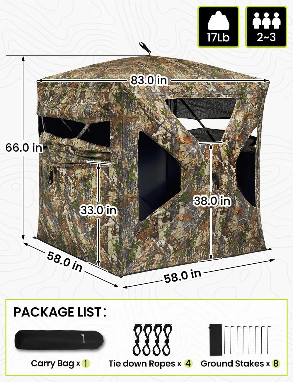 TIDEWE See Through Blind 270°with Silent Magnetic Door & Sliding Windows, 2-3 Person Pop Up Ground Blind with Carrying Bag, 300D Portable Resilient Tent(Camouflage & Veil Rush)