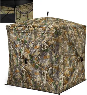 TIDEWE See Through Blind 270°with Silent Magnetic Door & Sliding Windows, 2-3 Person Pop Up Ground Blind with Carrying Bag, 300D Portable Resilient Tent(Camouflage & Veil Rush)