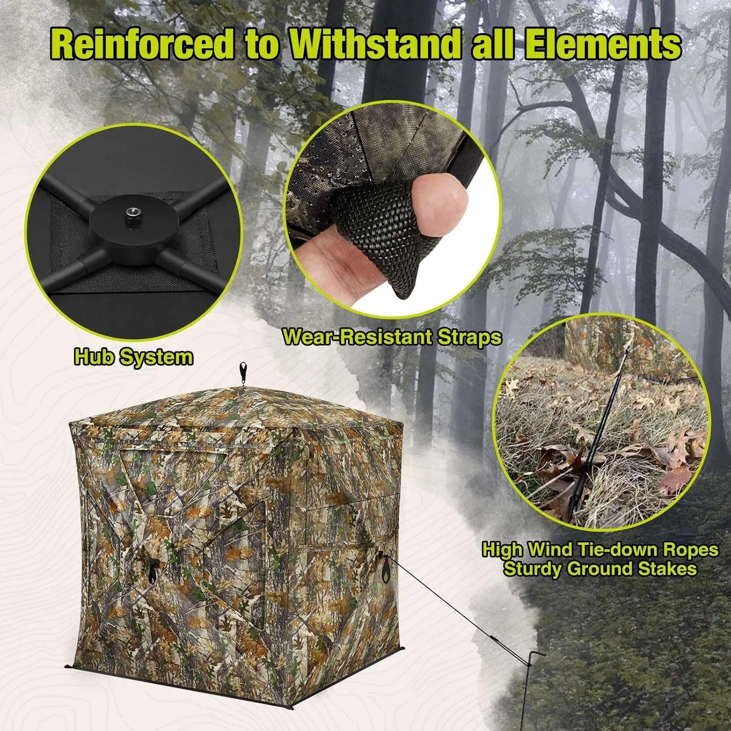 TIDEWE See Through Blind 270°with Silent Magnetic Door & Sliding Windows, 2-3 Person Pop Up Ground Blind with Carrying Bag, 300D Portable Resilient Tent(Camouflage & Veil Rush)